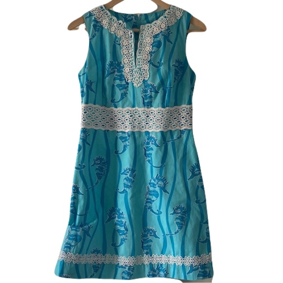 LILLY PULITZER blue retro seahorse print dress with crochet lace, size 4 - Picture 1 of 8